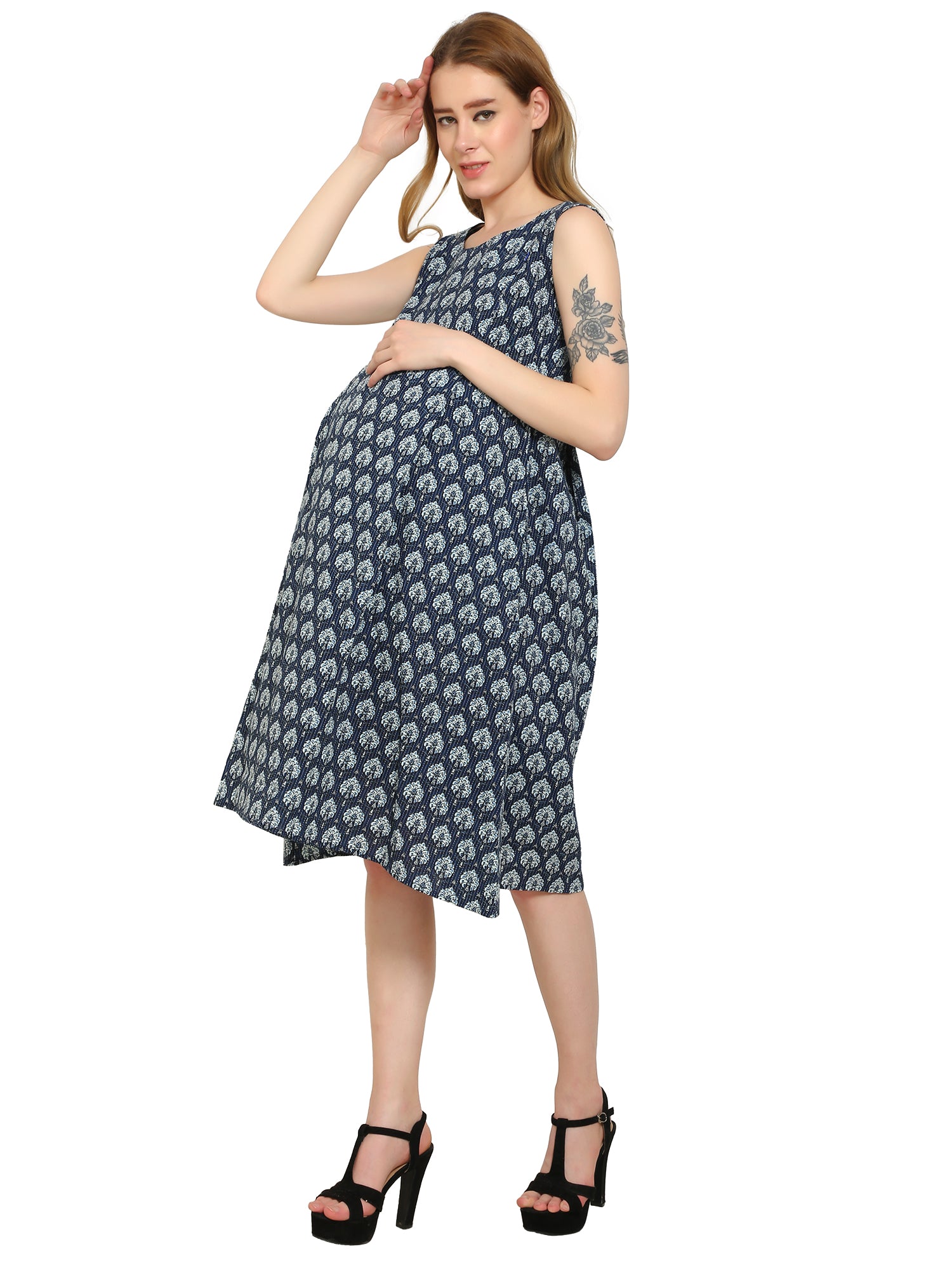 Indigo-Fit-Flare-Cotton-Maternity-Feeding-Dress