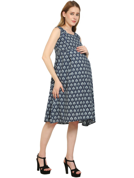 Indigo-Fit-Flare-Cotton-Maternity-Feeding-Dress