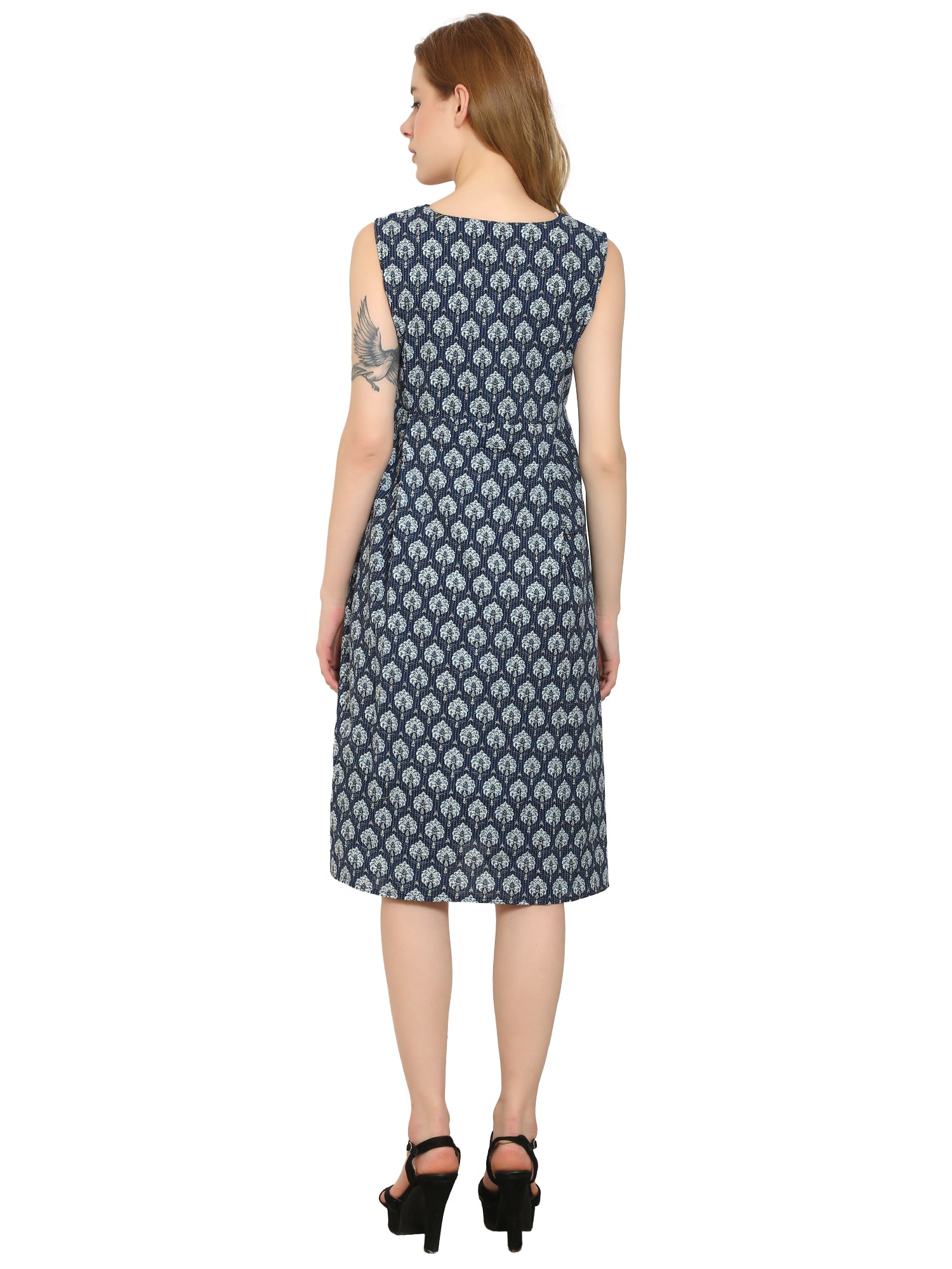 Indigo-Fit-Flare-Cotton-Maternity-Feeding-Dress