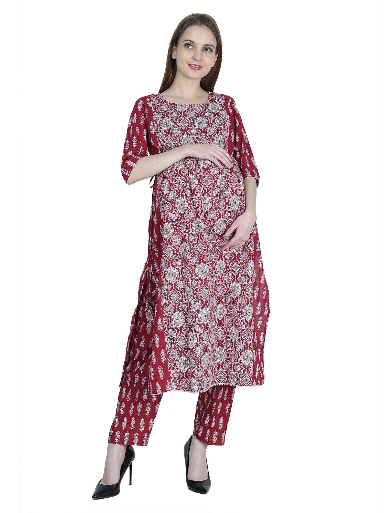 Maternity and Feeding Kurta Set | Pure Cotton | Maroon