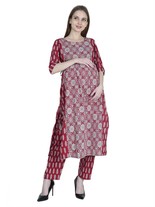 Maternity-Feeding-KurtaSet-PureCotton-Maroon