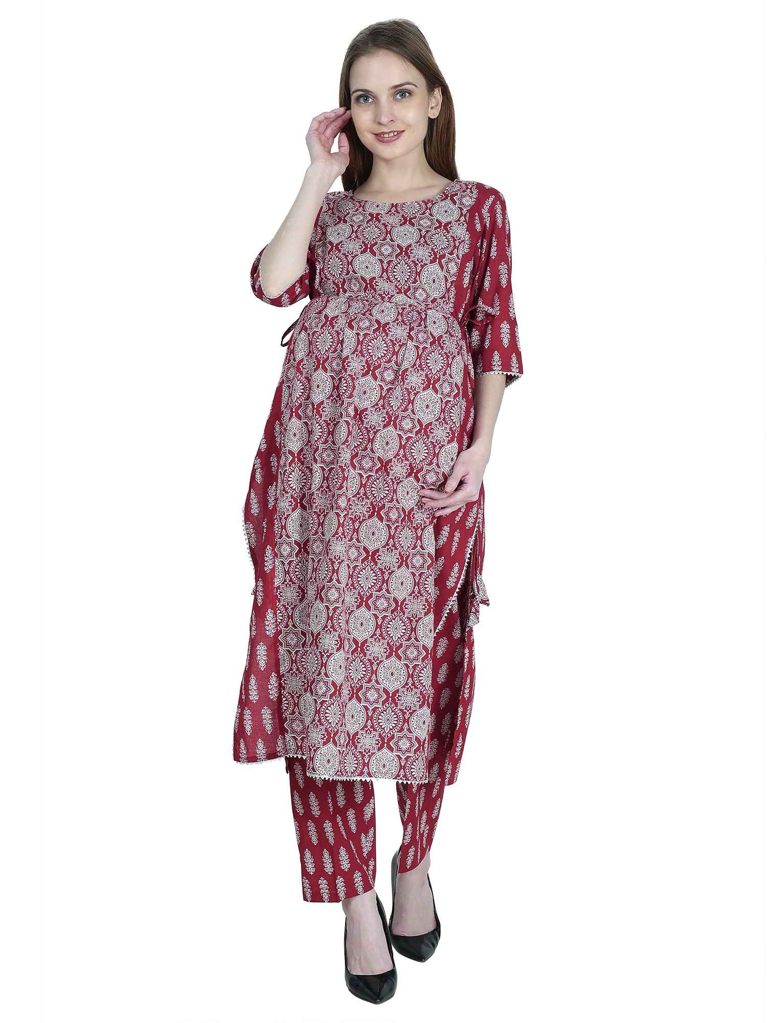 Maternity and Feeding Kurta Set | Pure Cotton | Maroon