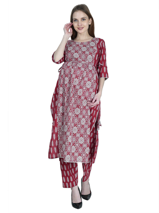 Maternity-Feeding-KurtaSet-PureCotton-Maroon