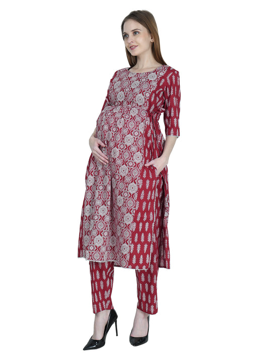 Maternity-Feeding-KurtaSet-PureCotton-Maroon