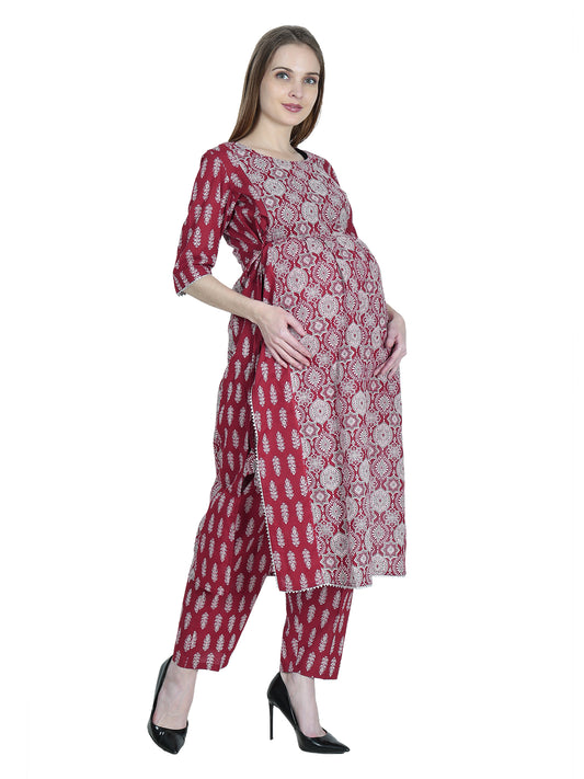 Maternity-Feeding-KurtaSet-PureCotton-Maroon