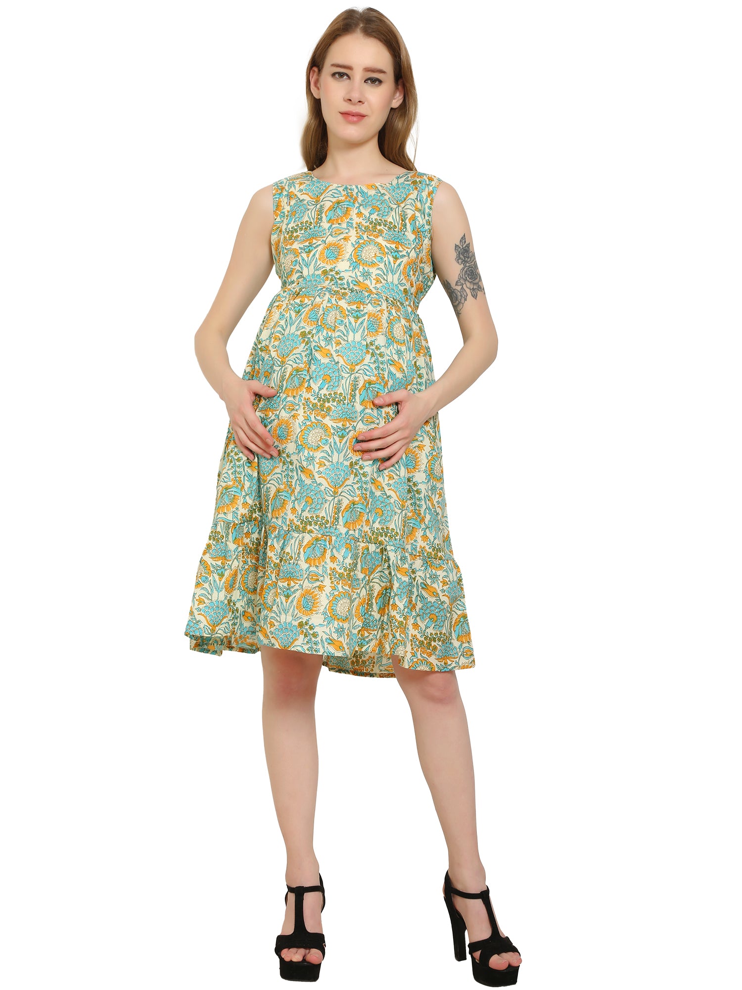 Multicolor-Layered-Cotton-Maternity-Feeding-Dress