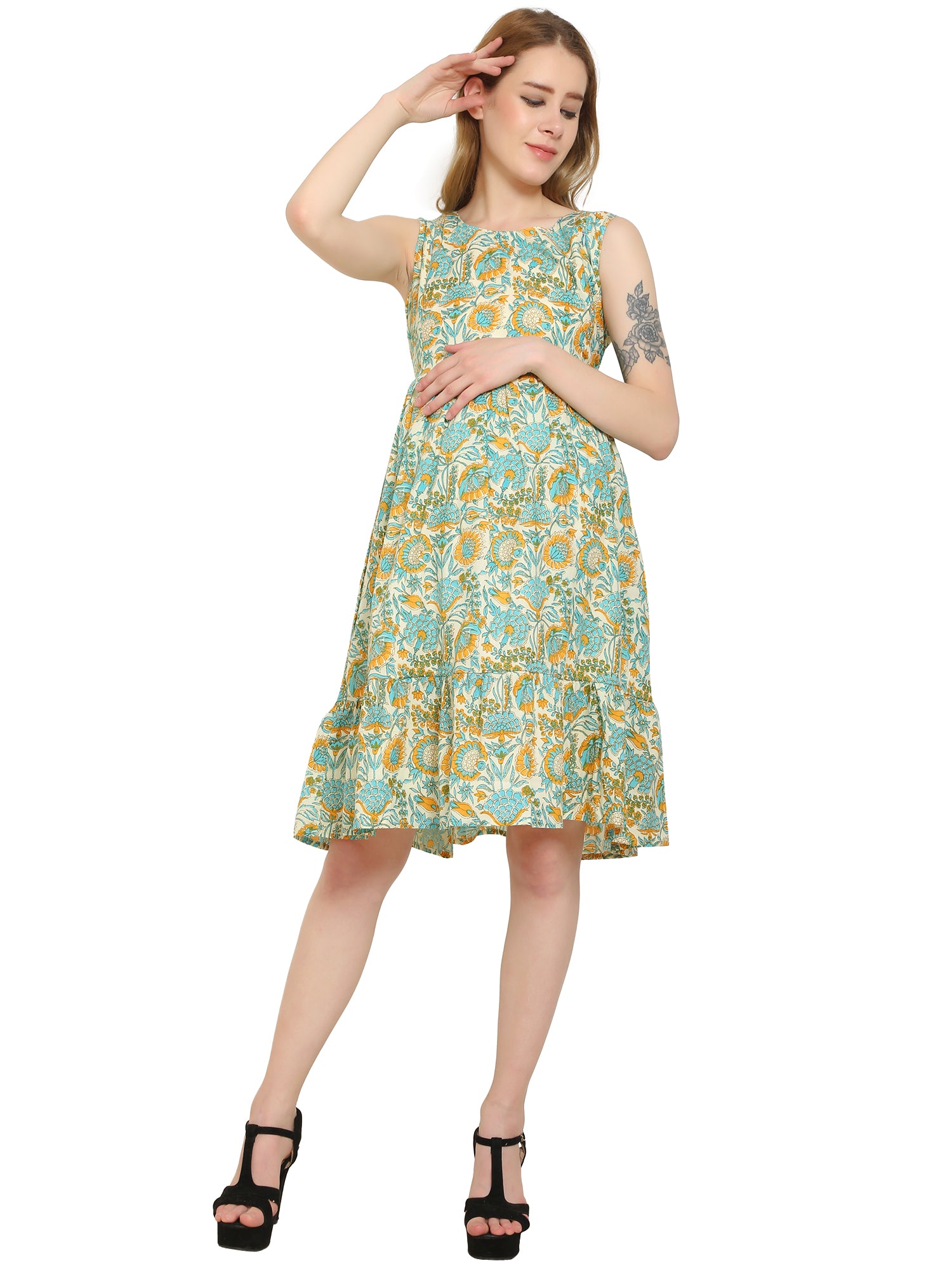 Multicolor-Layered-Cotton-Maternity-Feeding-Dress