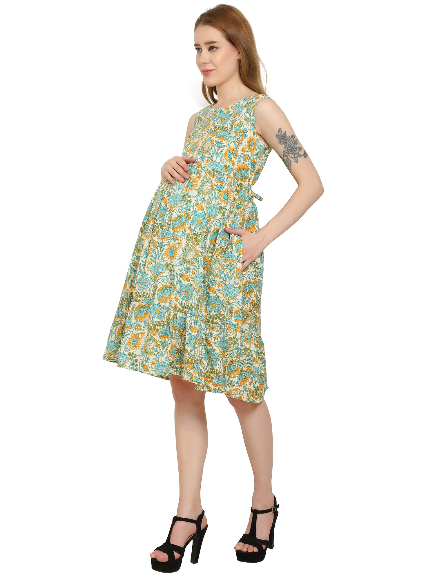 Multicolor-Layered-Cotton-Maternity-Feeding-Dress