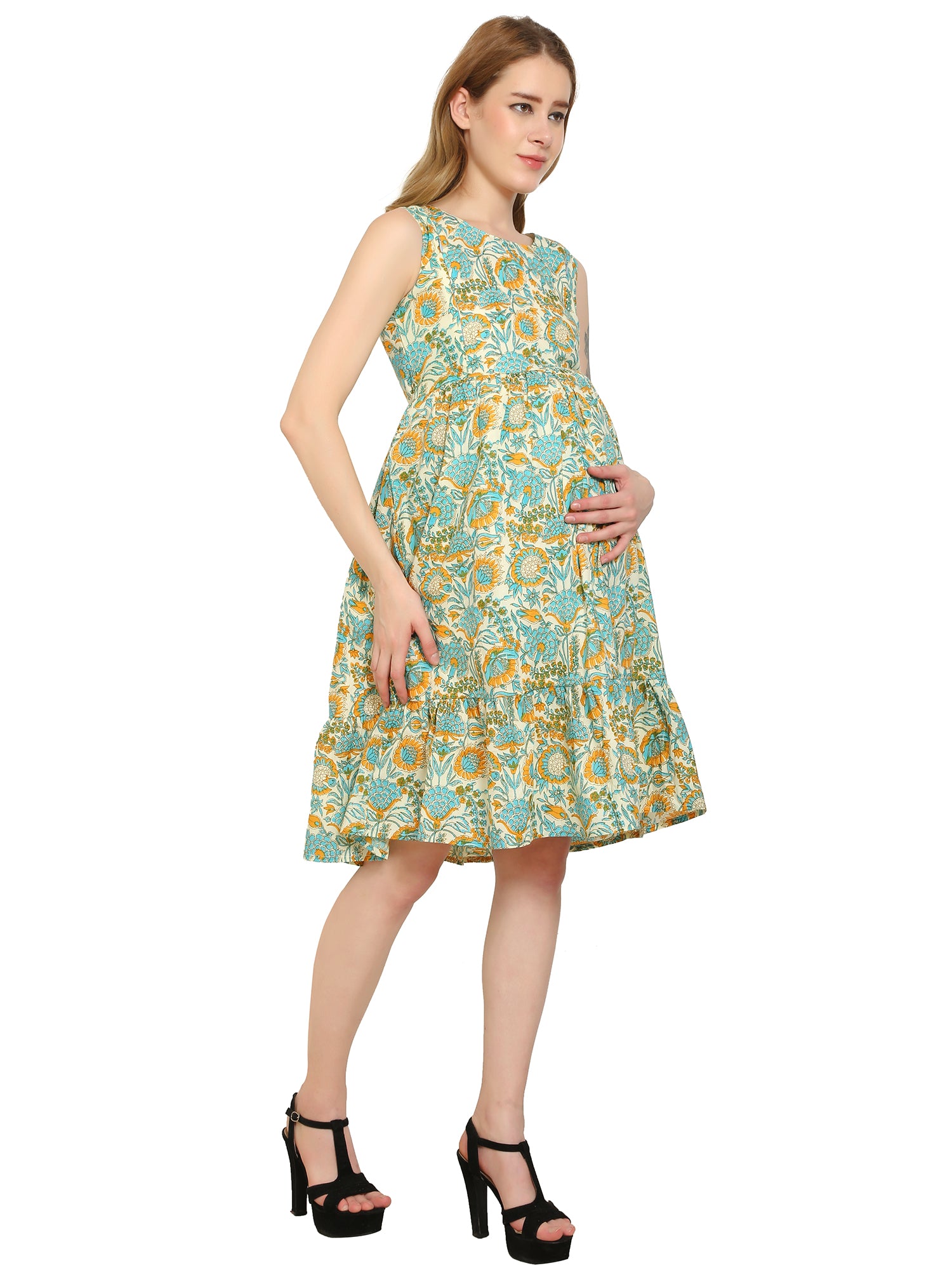Multicolor-Layered-Cotton-Maternity-Feeding-Dress
