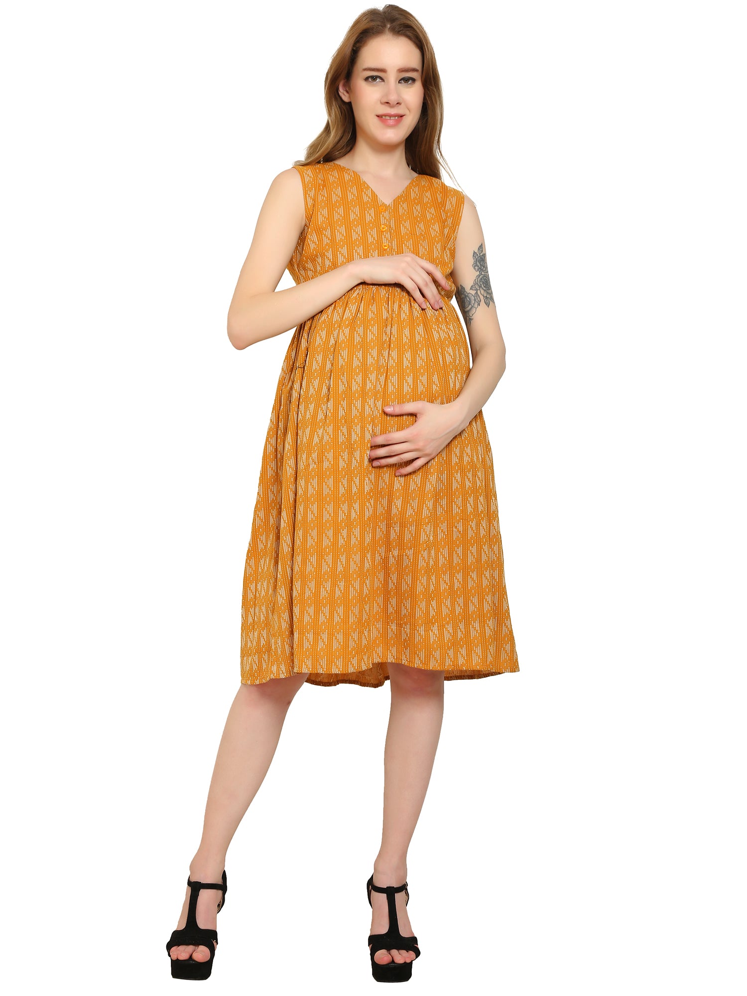 Mustard-Fit-Flare-Cotton-Maternity-Feeding-Dress