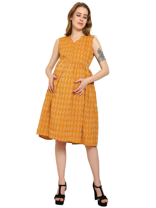 Mustard-Fit-Flare-Cotton-Maternity-Feeding-Dress