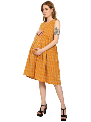 Mustard Fit and Flare Cotton Maternity and Feeding Dress - Moms Ever