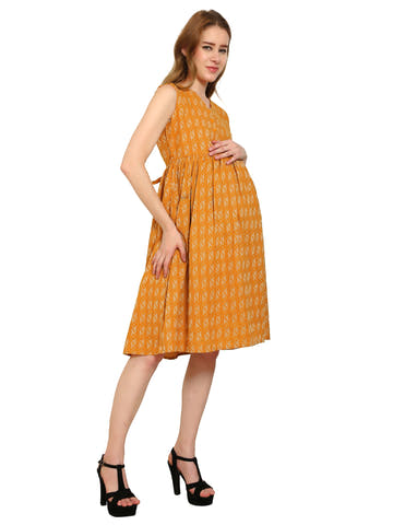Mustard Fit and Flare Cotton Maternity and Feeding Dress - Moms Ever