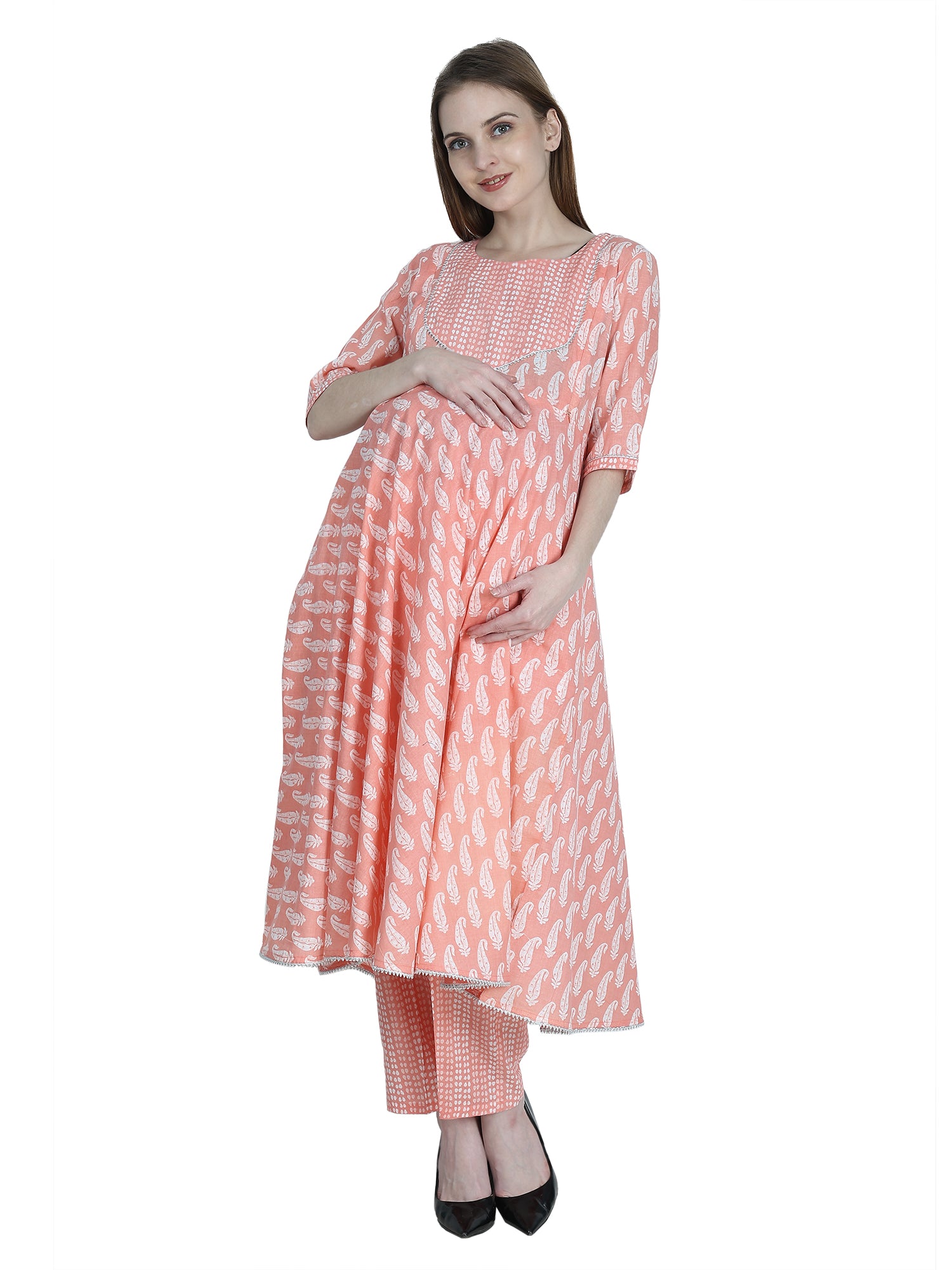 Peach-PureCotton-Maternity-Feeding-KurtaSet