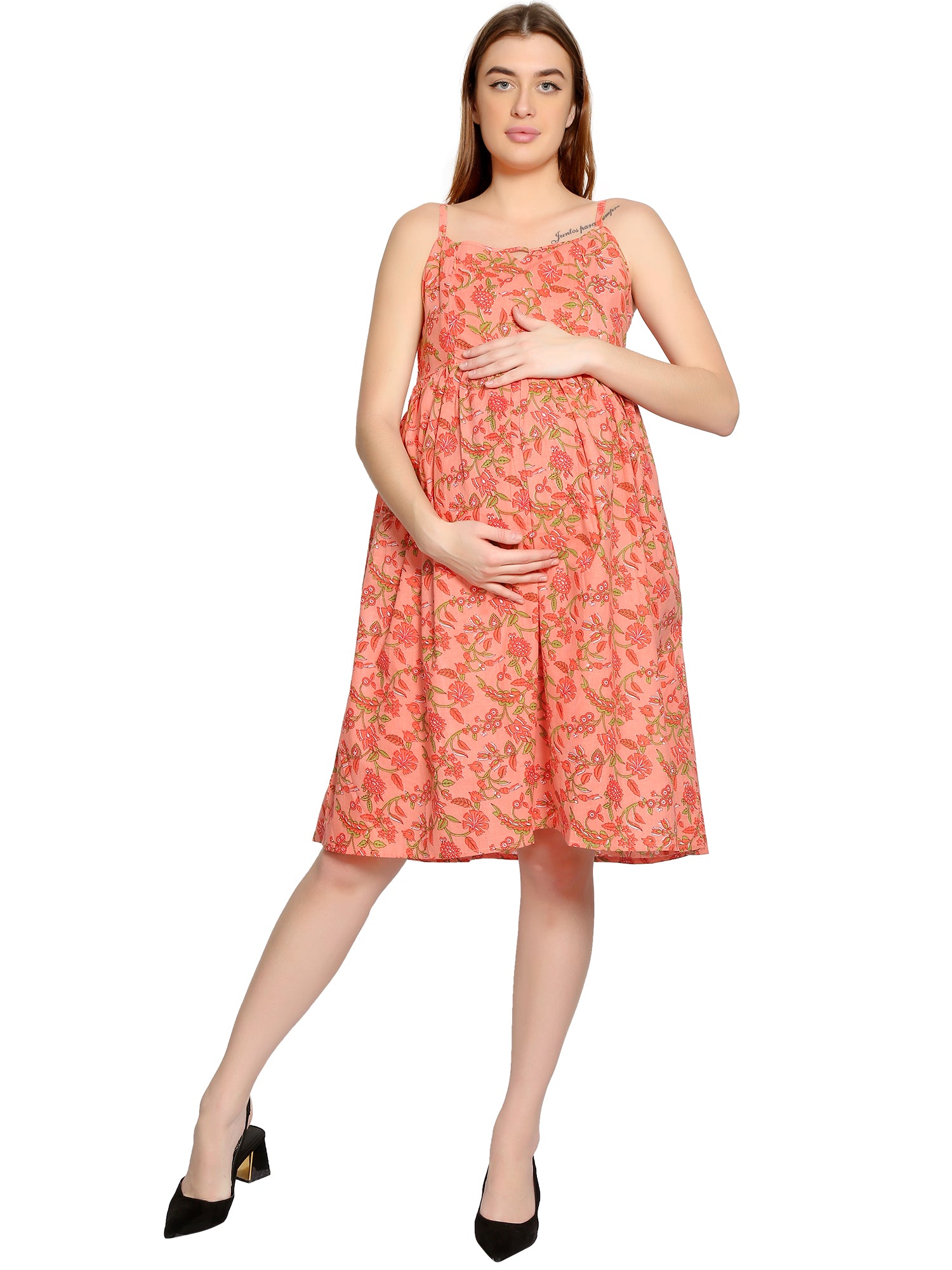 Peach-Summer-Cotton-Maternity-Feeding-Dress