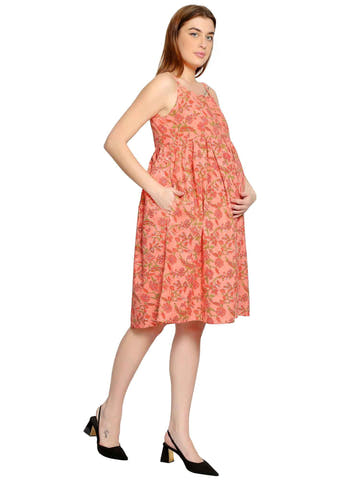 Peach Summer Cotton Maternity and Feeding Dress