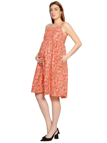 Peach Summer Cotton Maternity and Feeding Dress