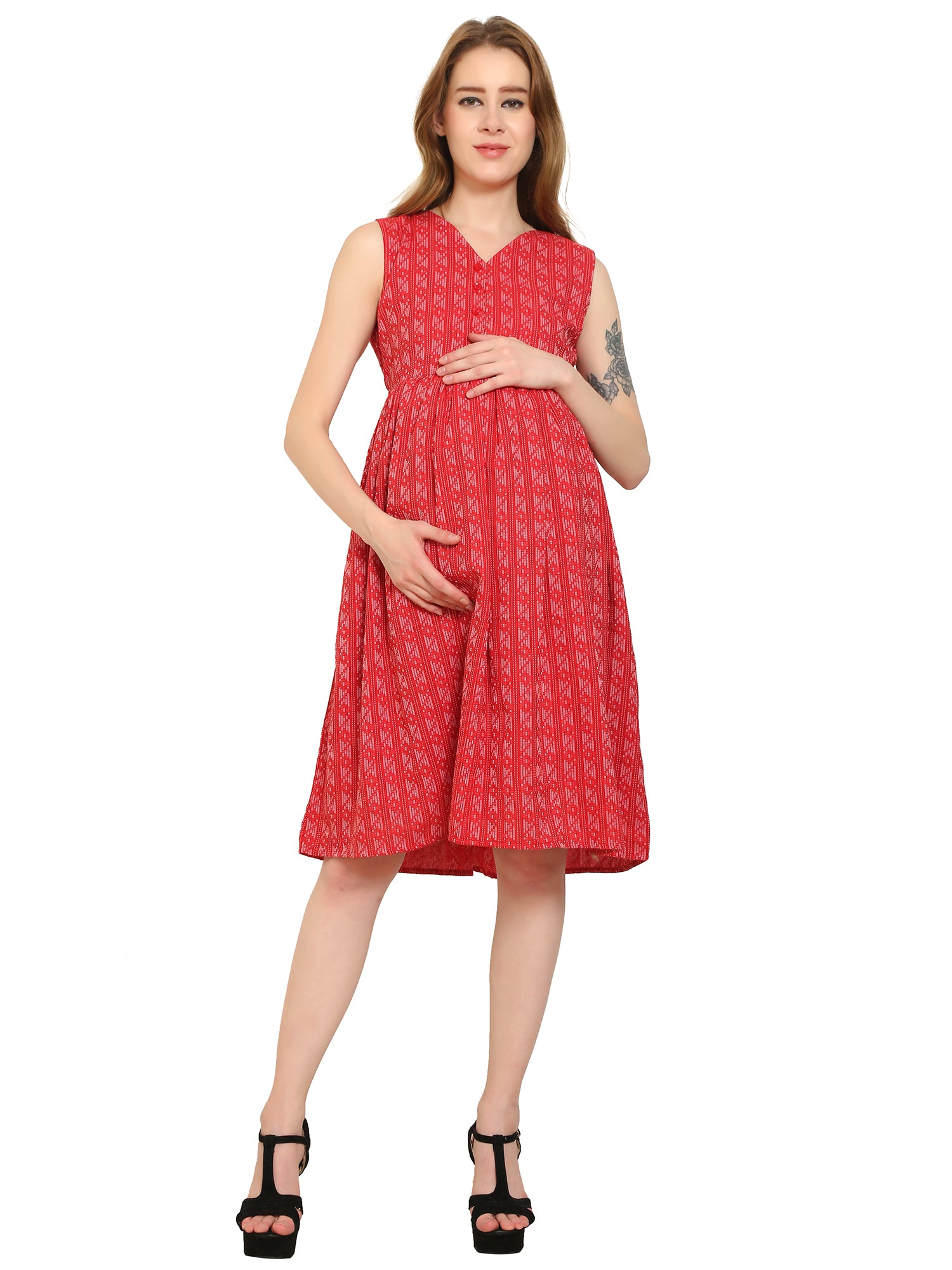 Red-Fit-Flare-Cotton-Maternity-Feeding-Dress