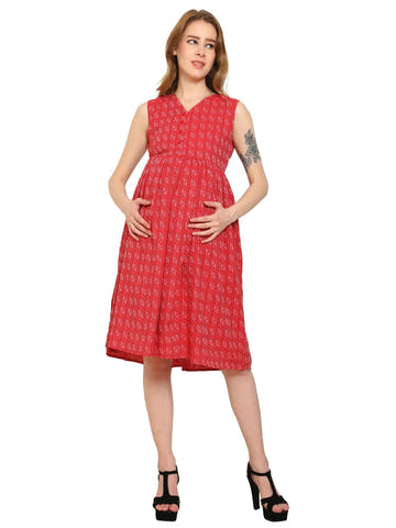 Red Fit and Flare Cotton Maternity and Feeding Dress - Moms Ever
