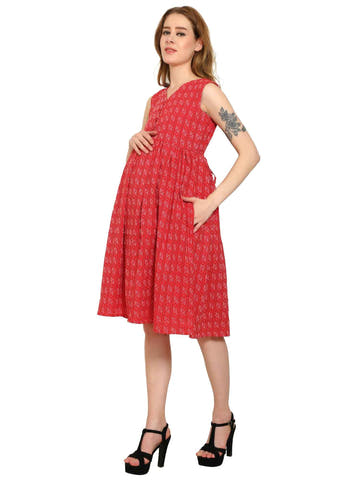 Red Fit and Flare Cotton Maternity and Feeding Dress - Moms Ever