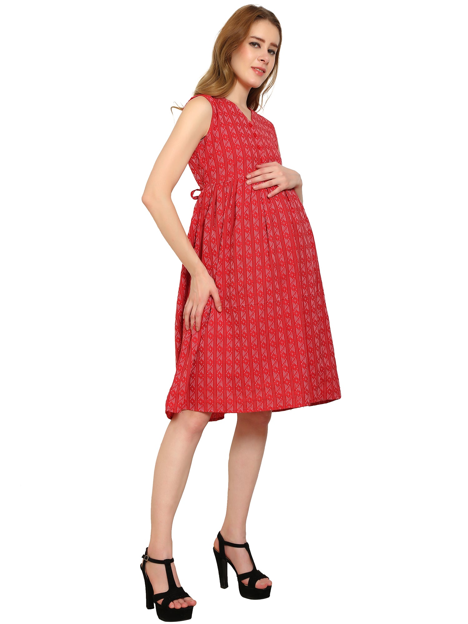 Red-Fit-Flare-Cotton-Maternity-Feeding-Dress