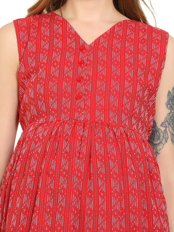Red Fit and Flare Cotton Maternity and Feeding Dress - Moms Ever