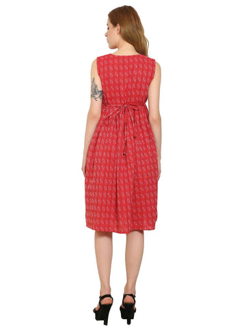 Red Fit and Flare Cotton Maternity and Feeding Dress - Moms Ever