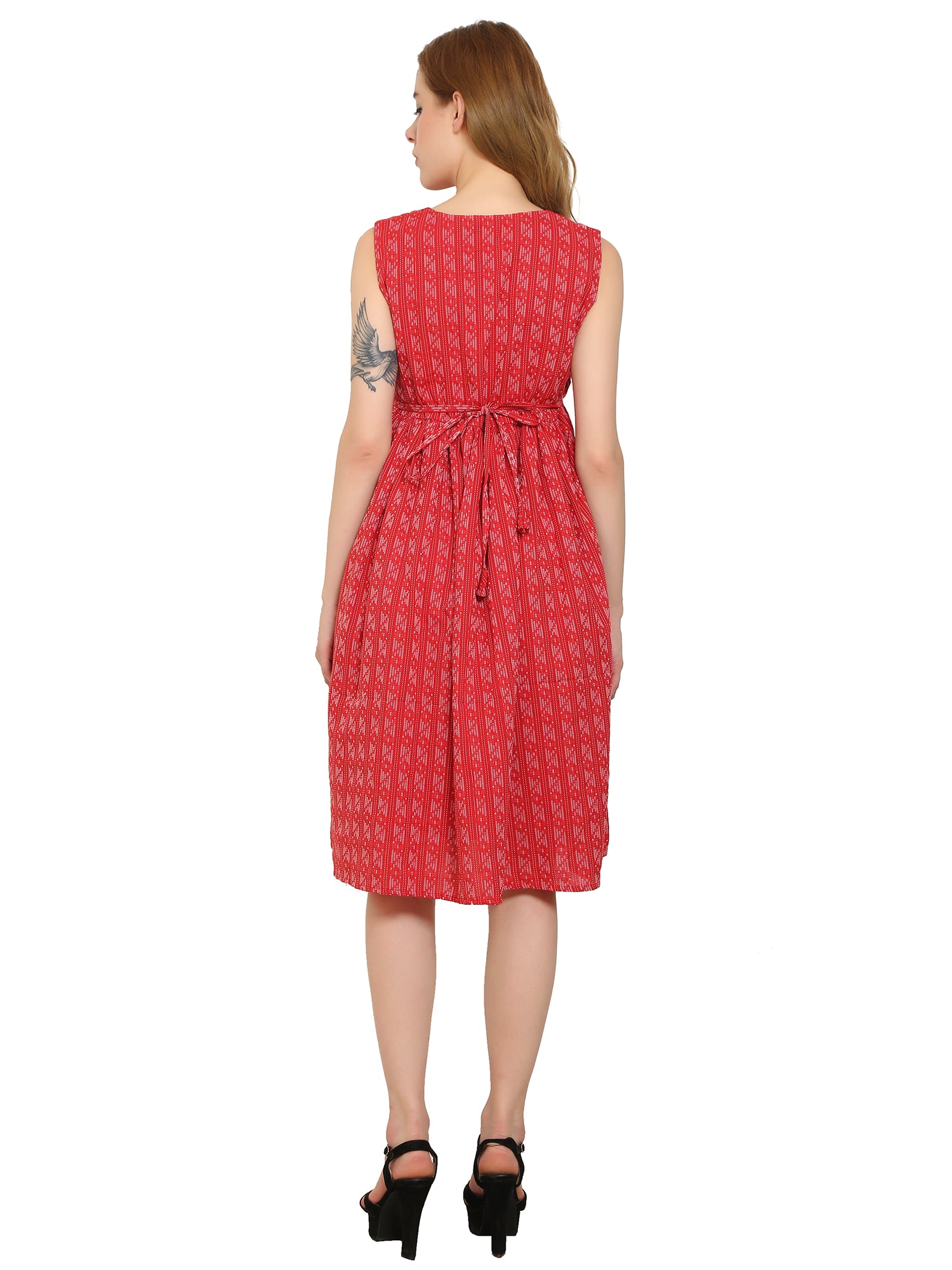 Red-Fit-Flare-Cotton-Maternity-Feeding-Dress