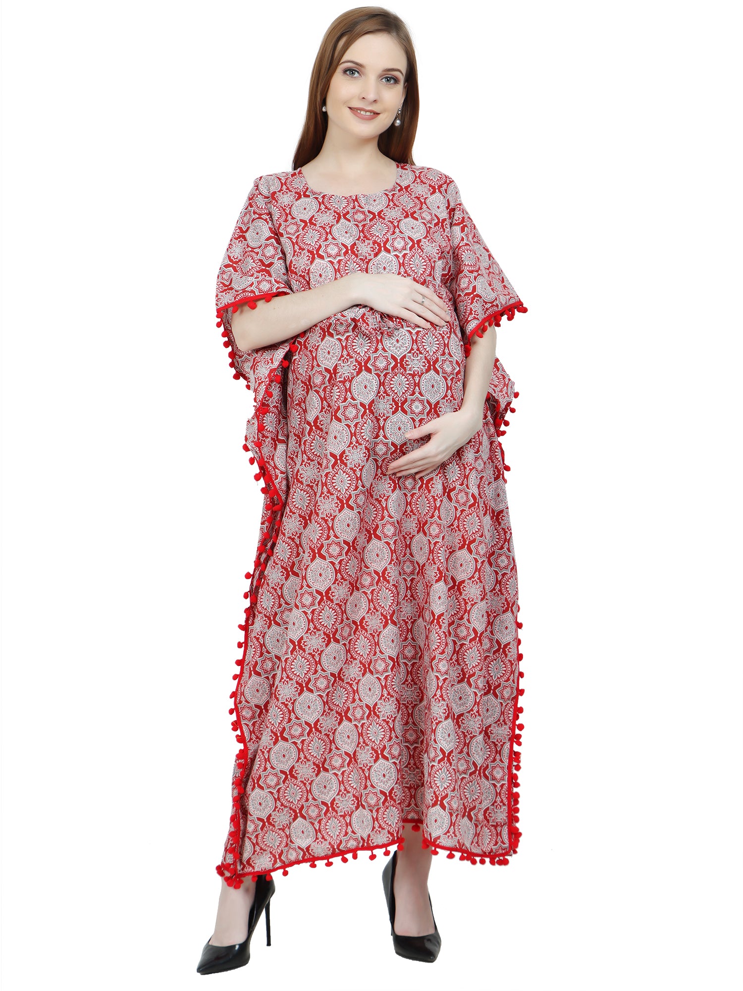 Red-PureCotton-Maternity-Feeding-Kaftan-Full-Length