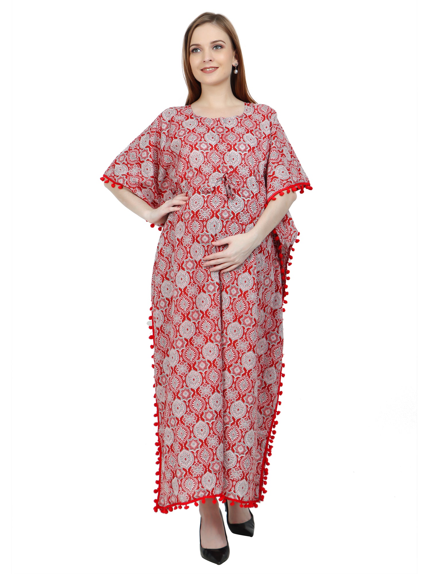 Red-PureCotton-Maternity-Feeding-Kaftan-Full-Length