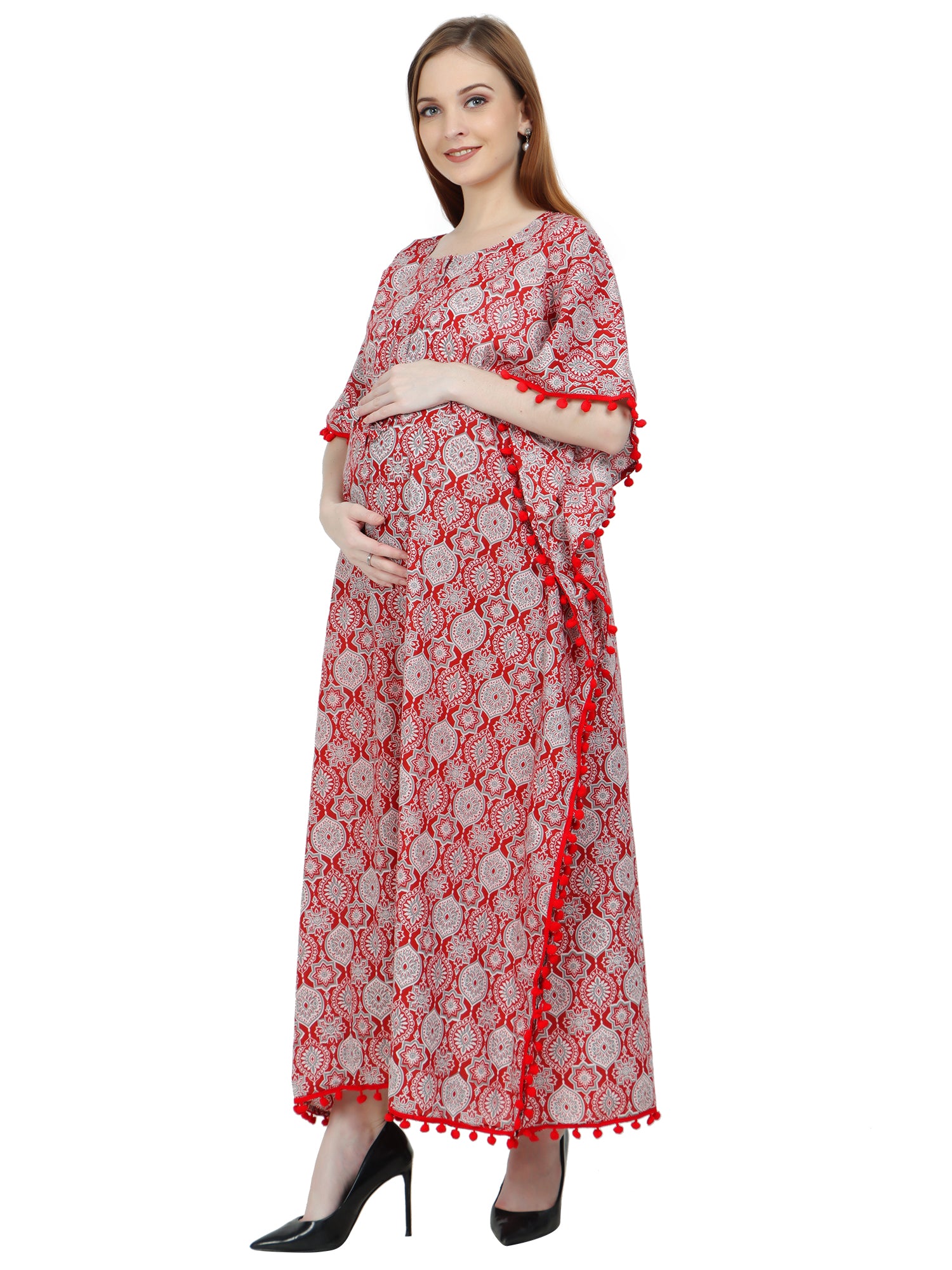 Red-PureCotton-Maternity-Feeding-Kaftan-Full-Length