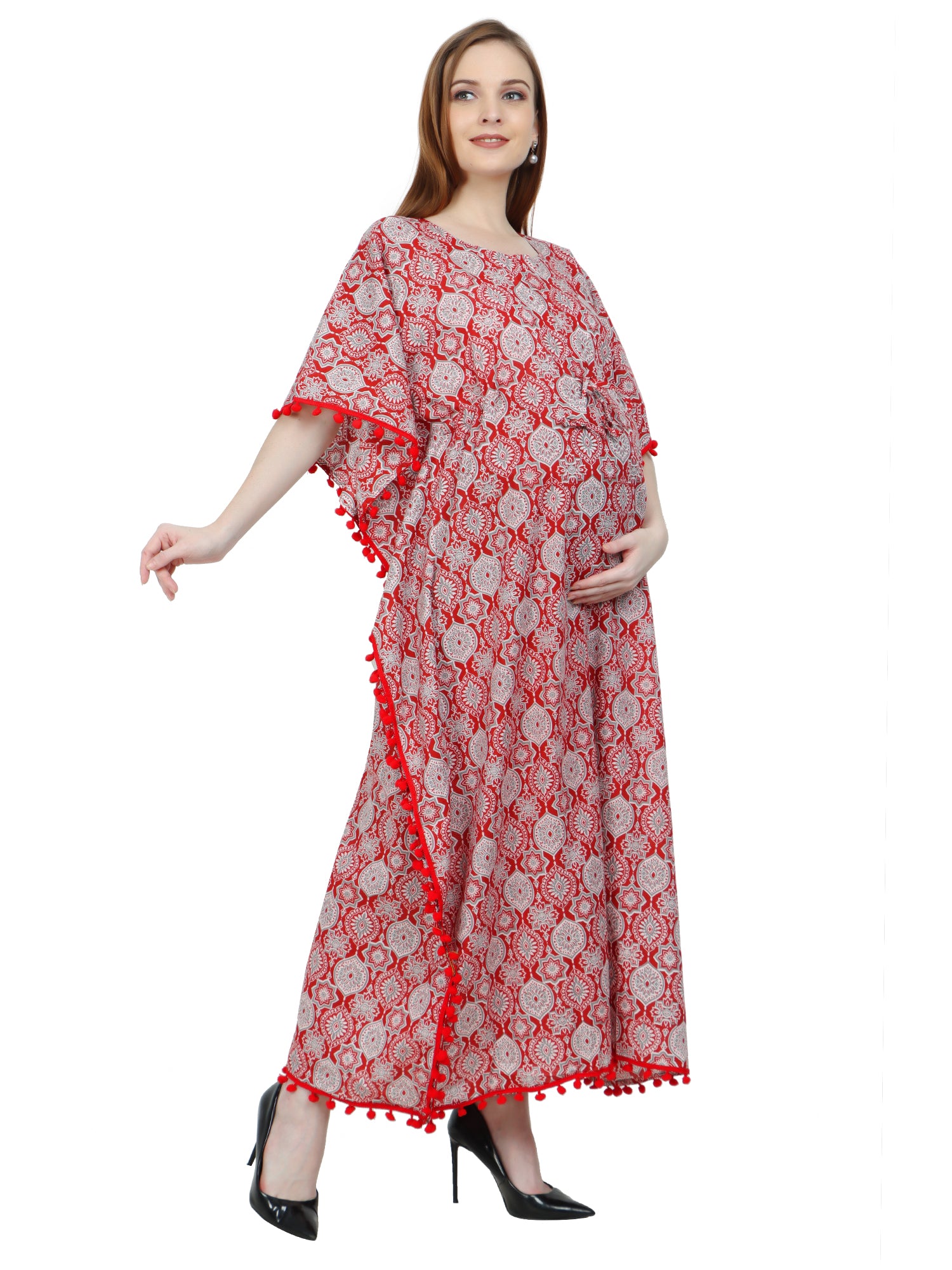 Red-PureCotton-Maternity-Feeding-Kaftan-Full-Length