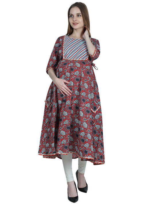 Red Pure Cotton Maternity and Feeding Kurti