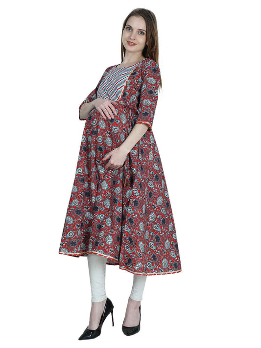 Red Pure Cotton Maternity and Feeding Kurti