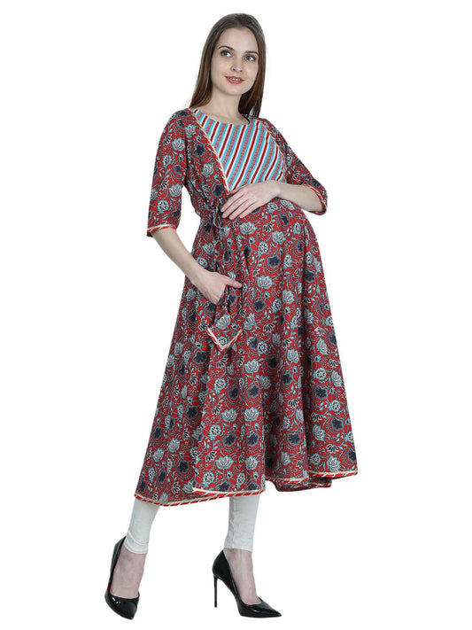 Red Pure Cotton Maternity and Feeding Kurti