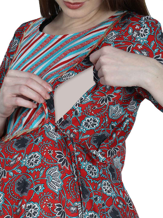Red Pure Cotton Maternity and Feeding Kurti