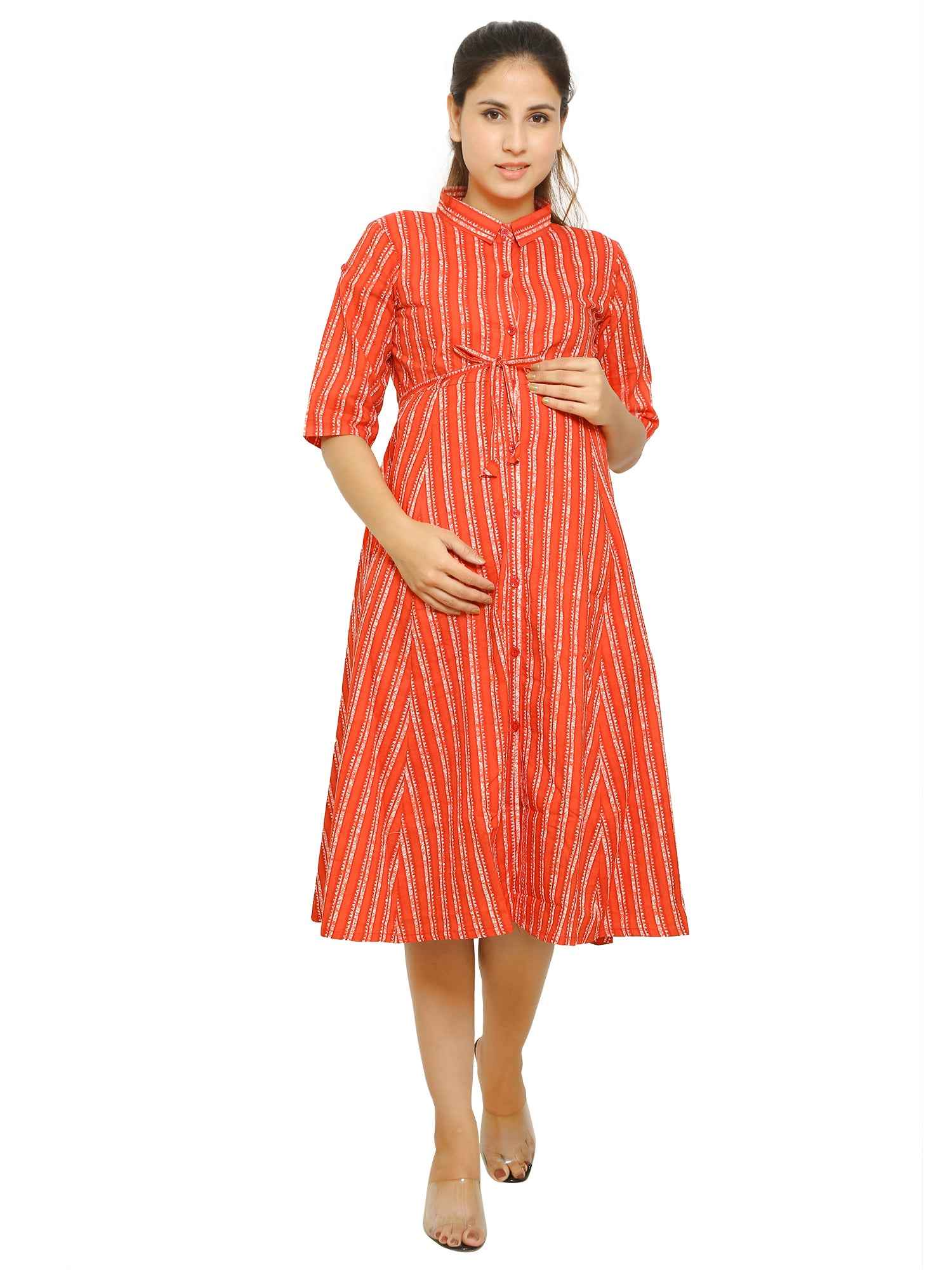 Red Shirt Pattern Cotton Maternity and Feeding Dress - Moms Ever