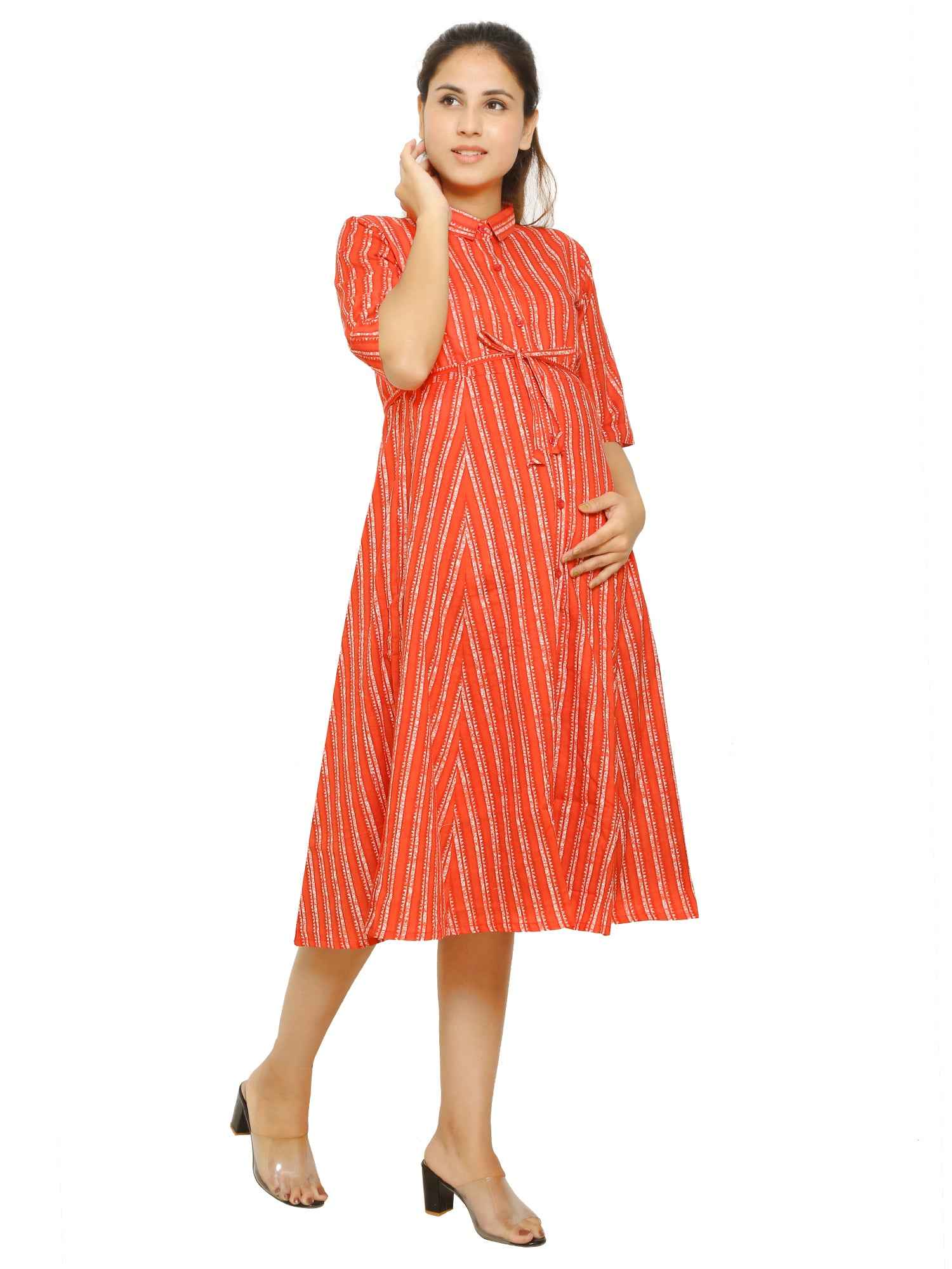 Red Shirt Pattern Cotton Maternity and Feeding Dress - Moms Ever