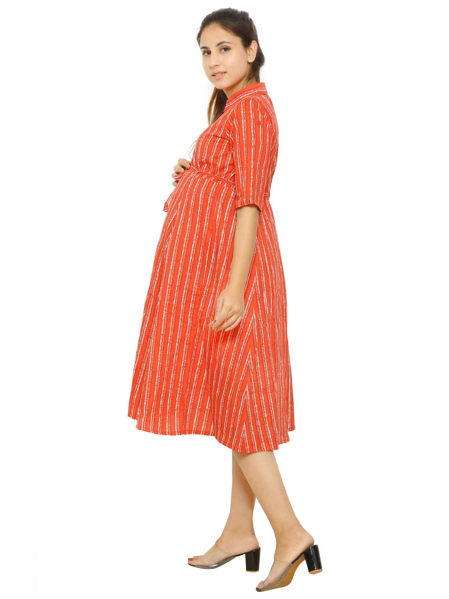 Red Shirt Pattern Cotton Maternity and Feeding Dress - Moms Ever
