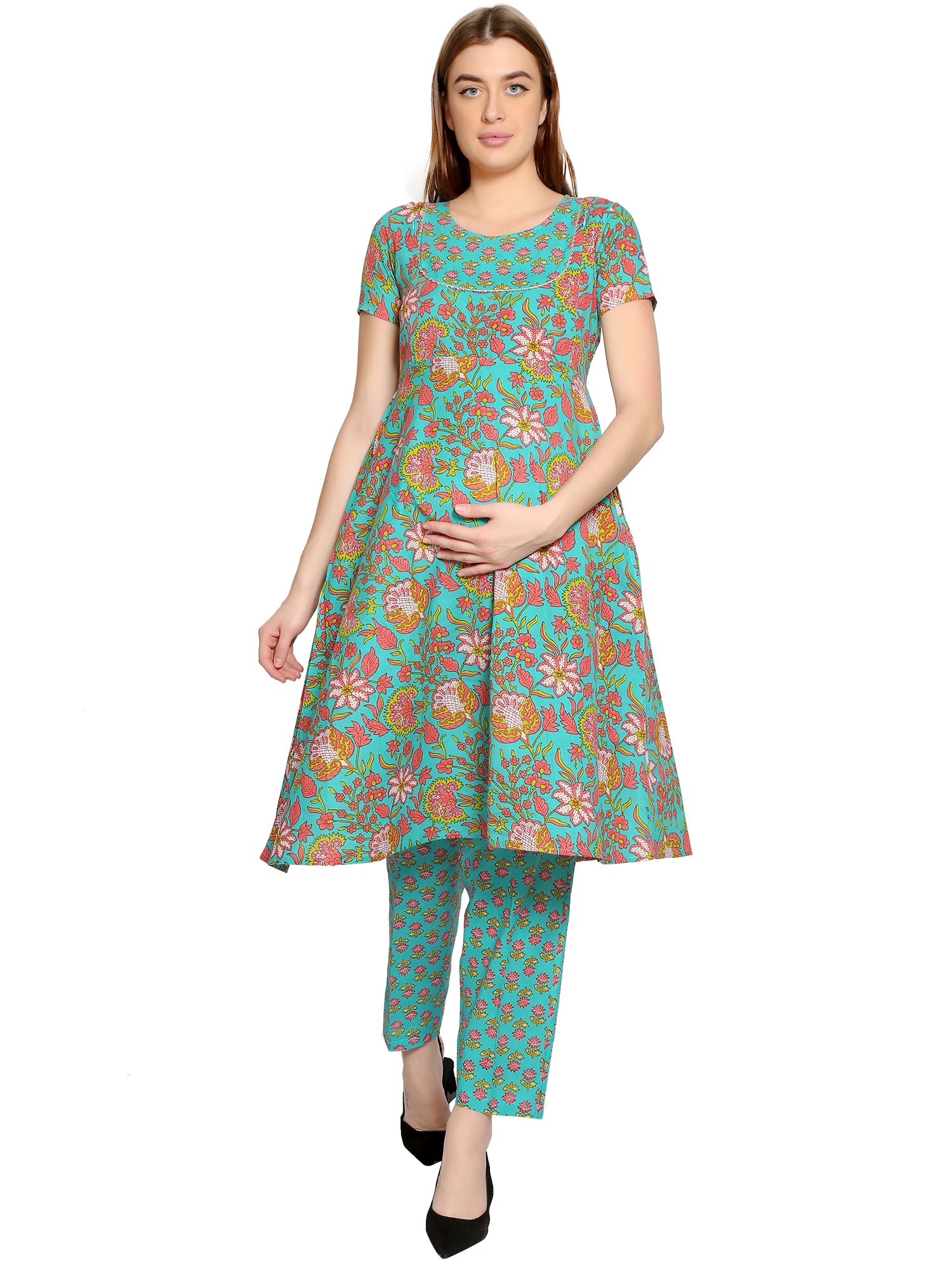 Teal-Cotton-Maternity-Feeding-KurtaSet