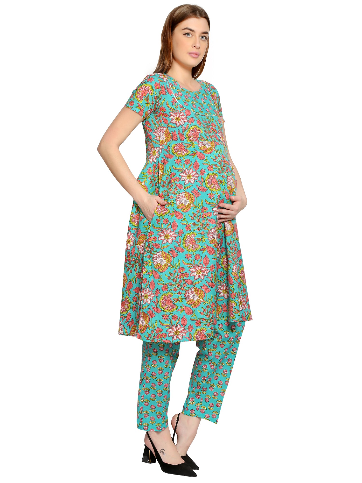 Teal-Cotton-Maternity-Feeding-KurtaSet