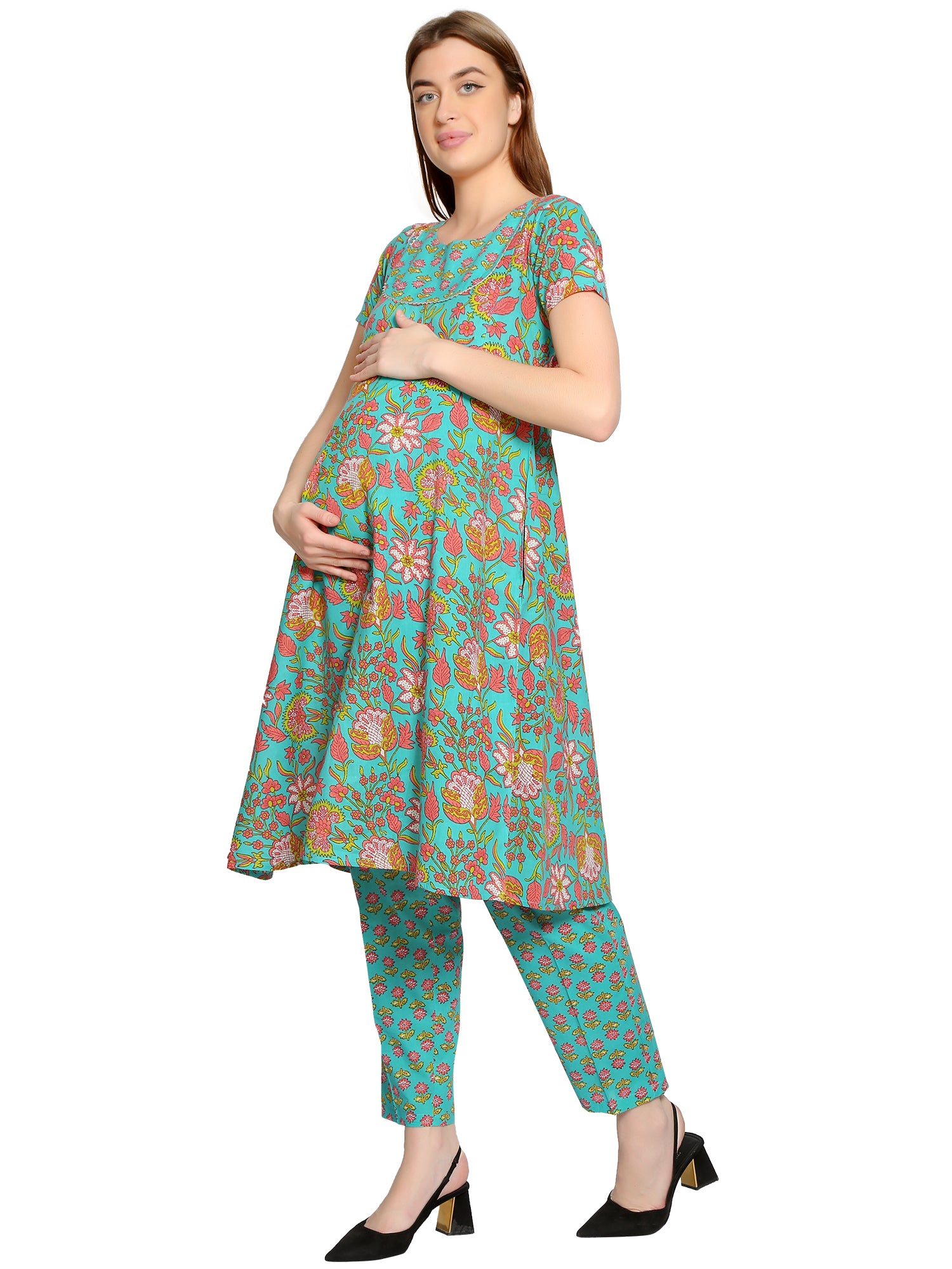 Teal-Cotton-Maternity-Feeding-KurtaSet