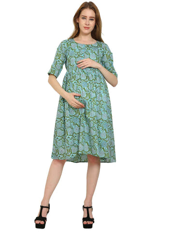 Teal Fit and Flare Cotton Maternity and Feeding Dress
