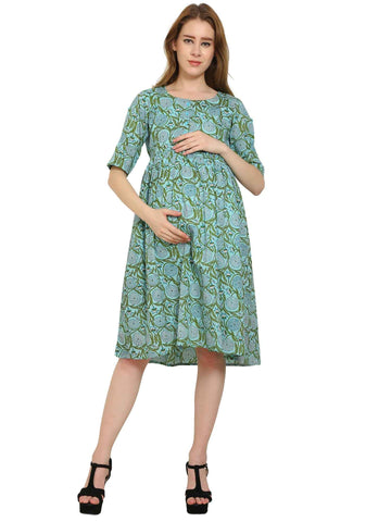 Teal Fit and Flare Cotton Maternity and Feeding Dress