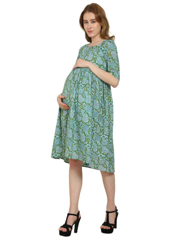 Teal Fit and Flare Cotton Maternity and Feeding Dress