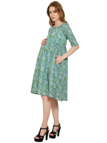 Teal Fit and Flare Cotton Maternity and Feeding Dress