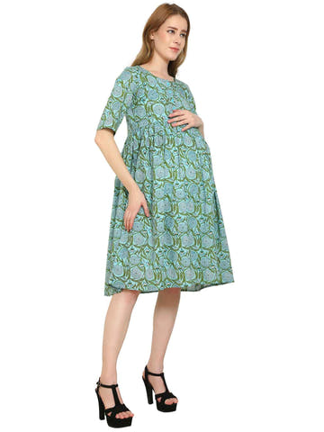 Teal Fit and Flare Cotton Maternity and Feeding Dress