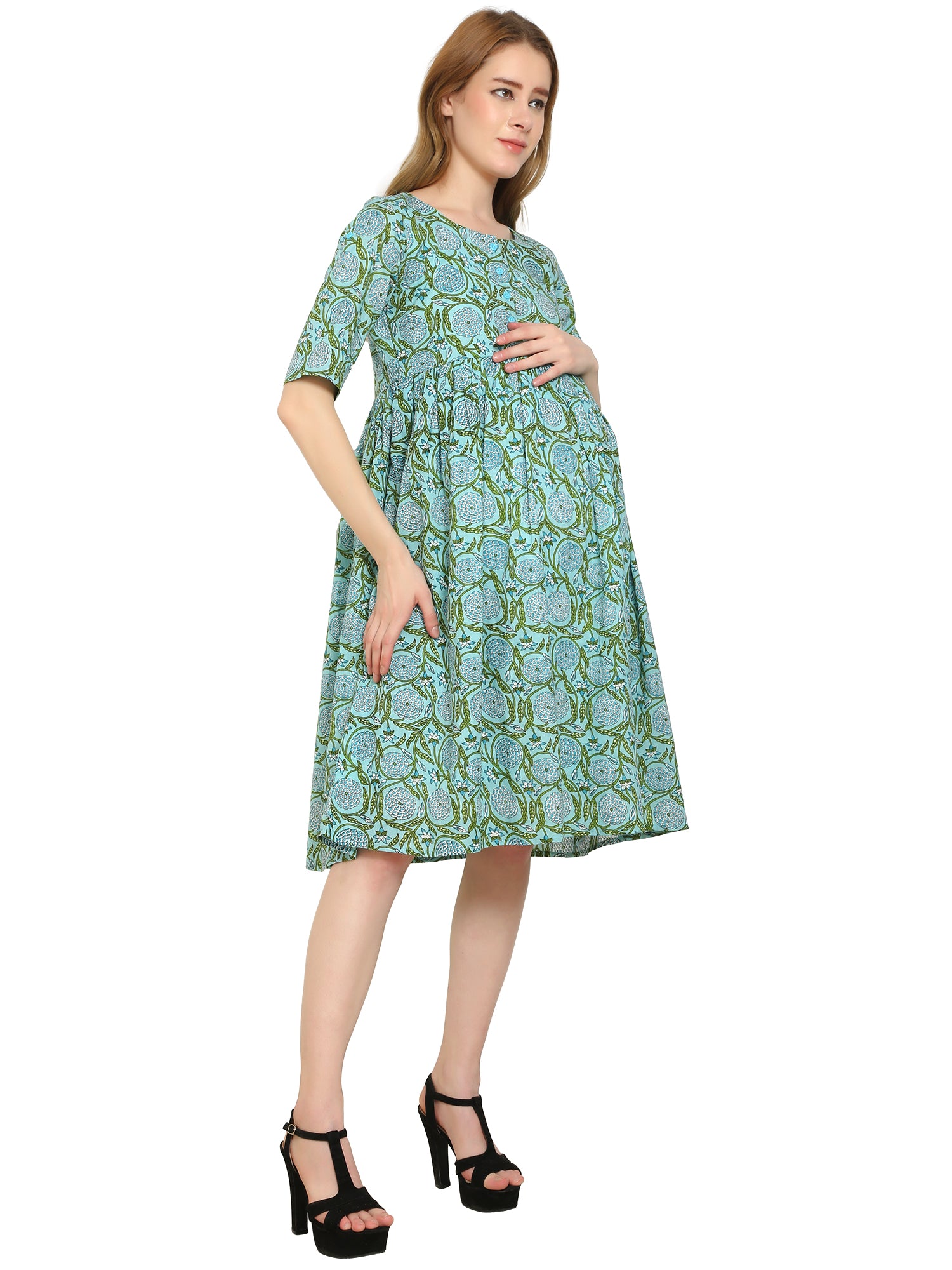 Teal-Fit-Flare-Cotton-Maternity-Feeding-Dress