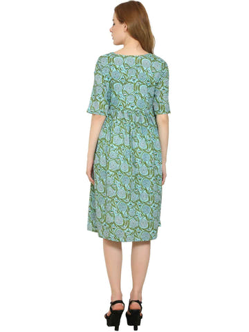 Teal Fit and Flare Cotton Maternity and Feeding Dress