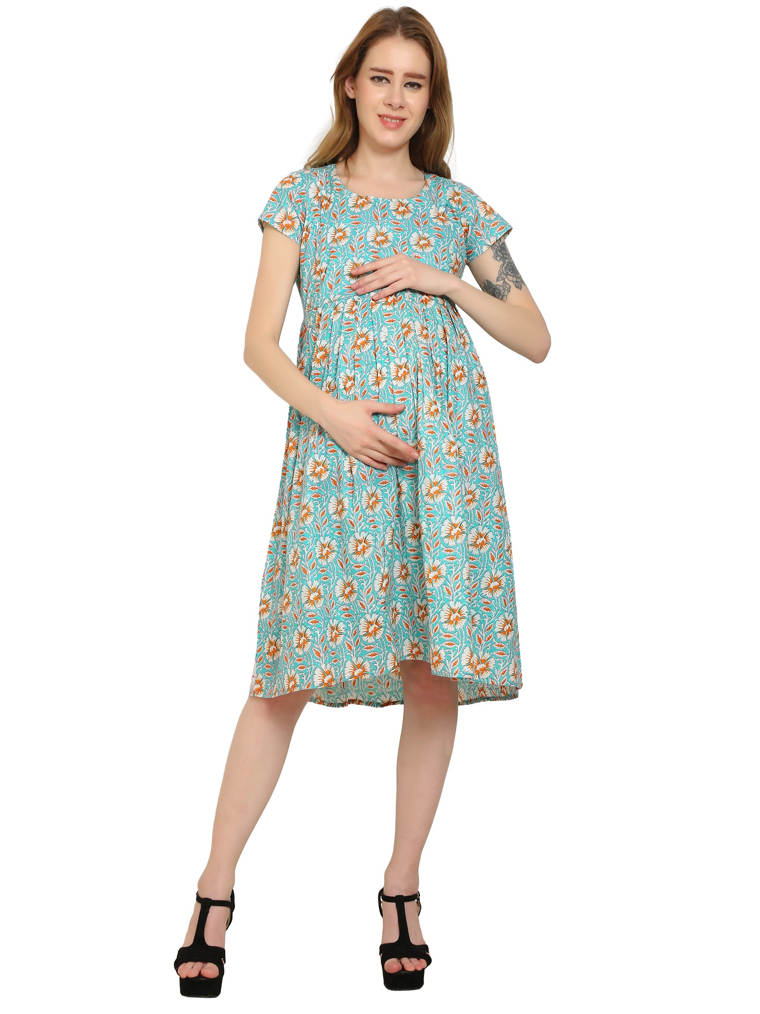 Teal-Floral-Fit-Flare-Cotton-Maternity-Feeding-Dress